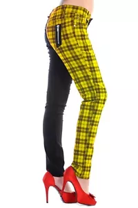 Yellow Tartan Check Black Split Legs Skinny Stretch Rock Trousers BANNED Apparel - Picture 1 of 1