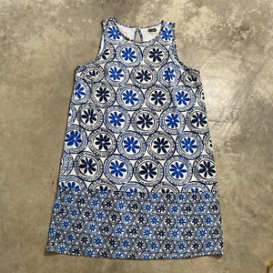 Mudpie Dress Girls Size Medium 8/10 Blue White Mosaic Print Sleeveless Mini - Picture 1 of 13