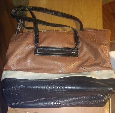 Bolso de Mano de Cuero Rosetti Marrón Cartera Correa Colorido Interior de Lino Mediados de 1990 De Colección Foto 1 de 4