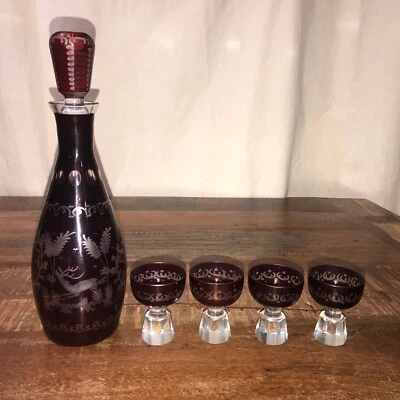 Egermann Czech Bohemian Etched Liqueur Glasses & Decanter Ruby Red Cut To Clear - Image 1 of 4