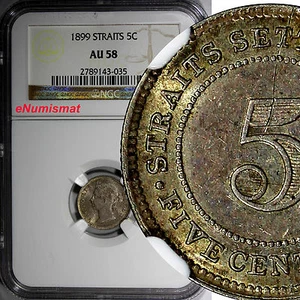 STRAITS SETTLEMENTS Victoria 1899 5 Cents NGC AU58  LOW MINTAGE:78,000 SCARCE(5) - Picture 1 of 4