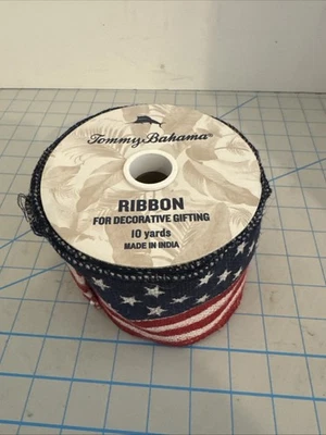Tommy Bahama AMERICAN FLAG BURLAP RIBBON Patriotic Stars Stripes 10 Yds NEW - Image 1 of 4