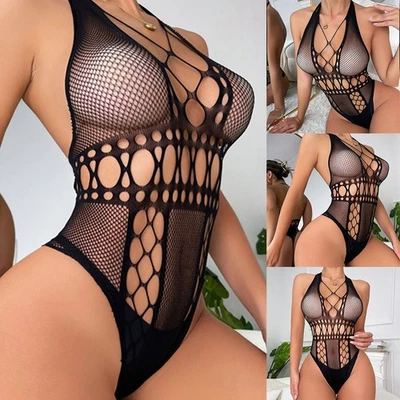 Clubwear Mesh See Though Hollow Bodysuit Deep V Sexy Lingerie Women Fishnet - Image 1 of 4