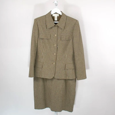 Conjunto de terno saia blazer xadrez feminino canto casual tamanho 14 marrom azul mistura de lã - Imagem 1 de 4