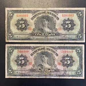62395 2 Banknote Mexico $5 pesos 1957 1963 Paper Money Currency Bill Circulated - Picture 1 of 3