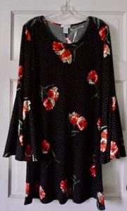 Carmen Carmen Marc Valvo Womens A Line Dress Black Orange Flowers Bell Sleeves - Picture 1 of 9