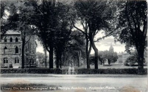 1900s MA Postcard Phillips Academy Library Elm Arch Theological Building Andover - Picture 1 of 2