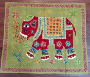 Red Elephant on Green Background Embroidered Hanging (Indian Style) - Picture 1 of 6