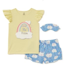 NWT Living The Dream Rainbow Girls Top Shorts Eye Mask 3pc Pajama Set Size 10/12 - Picture 1 of 5