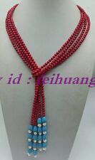 2 Strand 4mm Red Coral Round Gems Beads & Turquoise Pearl Scarf  Necklace 50"