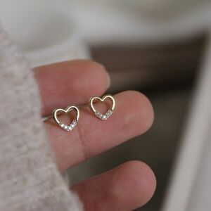 Shiny Gold Plated Cute Open Heart CZ Stud Earrings Women Girl Jewellery Gift UK