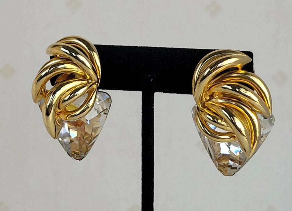 Gold 10K Plated Chunky Statement Triangle Faceted Clear Stone Clip Earrings - Image 1 of 4