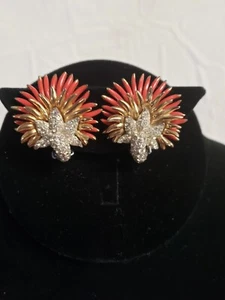 Pendientes de clip de esmalte rojo con estrás Boucher vintage escultóricos raros - Imagen 1 de 13