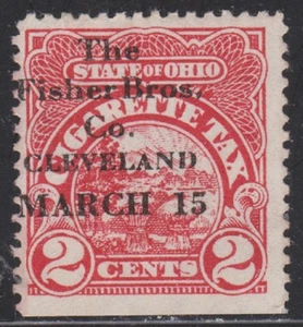 State of Ohio CIGARETTE TAX STAMP  2c red  "The Fisher Bros. MARCH 15"  USED  - Picture 1 of 1