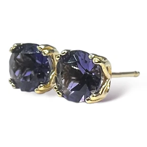 Natural Round AA Iolite In 14k Yellow Gold Double-Prong Filigree Studs Unisex - Picture 1 of 8