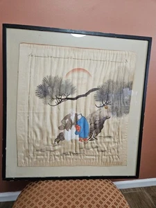 Framed Japanese Traditional Silk Fukusa Elderly Sages Pine Tree Sun Vintage Art - Picture 1 of 13