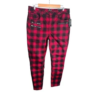 Hot Topic NWT Denim Grunge Punk hi Rise Super Skinny Sz 15 Plaid Red black zip - Picture 1 of 18