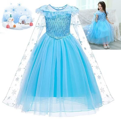 Frozen Elsa Princess Girls Deluxe Costume Dress with Cape Birthday Fancy Dress - Image 1 of 4