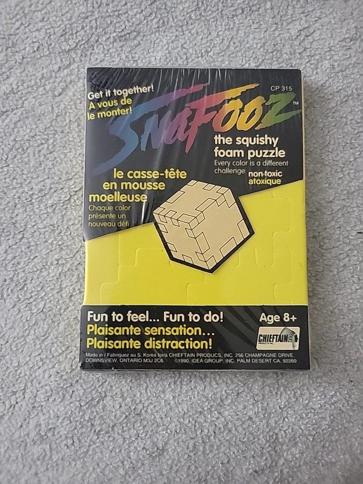 Cubo rompecabezas de espuma Snafooz vintage años 90 amarillo nuevo en paquete Foto 1 de 4