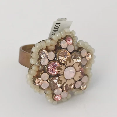 Michal Negrin Ring Pink Romantic Beads Crystal Cluster Flower Shabby Chic Chunky - Image 1 of 4
