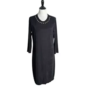 Michael Kors Stretch Knit Slinky Dress Women Size L Black Gold Studs Neckline - Picture 1 of 11