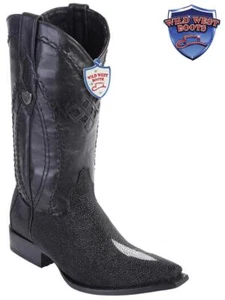 WILD WEST SNIP TOE BLACK GENUINE STINGRAY SINGLE STONE WESTERN COWBOY BOOT EE+ - Picture 1 of 2