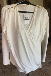 Michael Kors weißes Oberteil Pullover Wickel Taille Logo goldene Reißverschlüsse Größe Large 69 $ - Bild 1 von 4