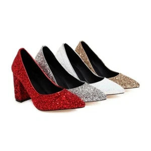 Ladies Wedding Shoes Bling Synthetic Leather High Heels Party Pumps UK Size S295 - Picture 1 of 20