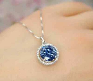 3Ct Round Cut Tanzanite & Simulated Diamond Halo Pendant 14K White Gold Plated - Picture 1 of 3