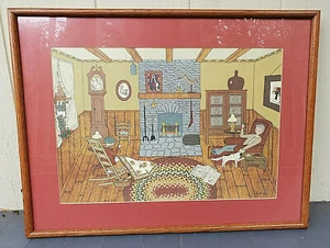 Framed Barbour Lee print "Winter Evening" Quilting primitive country folk art - Picture 1 of 9