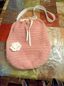 HANDMADE CROCHET BAG/PURSE DUSTY PINK LINED WITH POCKETS DRAWSTRING CLOSURE - Picture 1 of 6