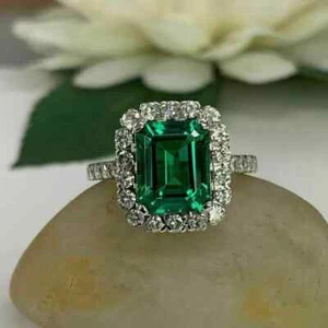 2.Ct Emerald Cut Simulated Green Emerald Halo Wedding Ring 10k solid White Gold - Picture 1 of 7