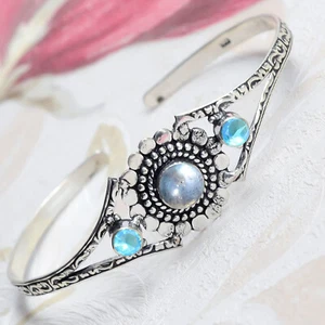 Labradorite, Blue topaz Gemstone Handcraft Cuff 925 Sterling Silver Bracelet - Picture 1 of 7