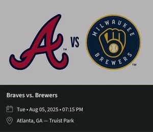 2 Tickets Milwaukee Brewers @ Atlanta Braves 8/5/25 Sec 414, Row 1. Etix - Picture 1 of 1