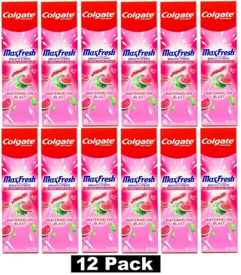 12 x COLGATE 100g TOOTHPASTE MAX FRESH WITH MINI BREATH STRIPS WATERMELON BLAST - Image 1 of 4