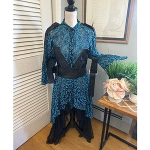 TOV Womens Dress Blue Lace Faux Leather Trim Hi Low Goth Steampunk 40 US 8 - Picture 1 of 13
