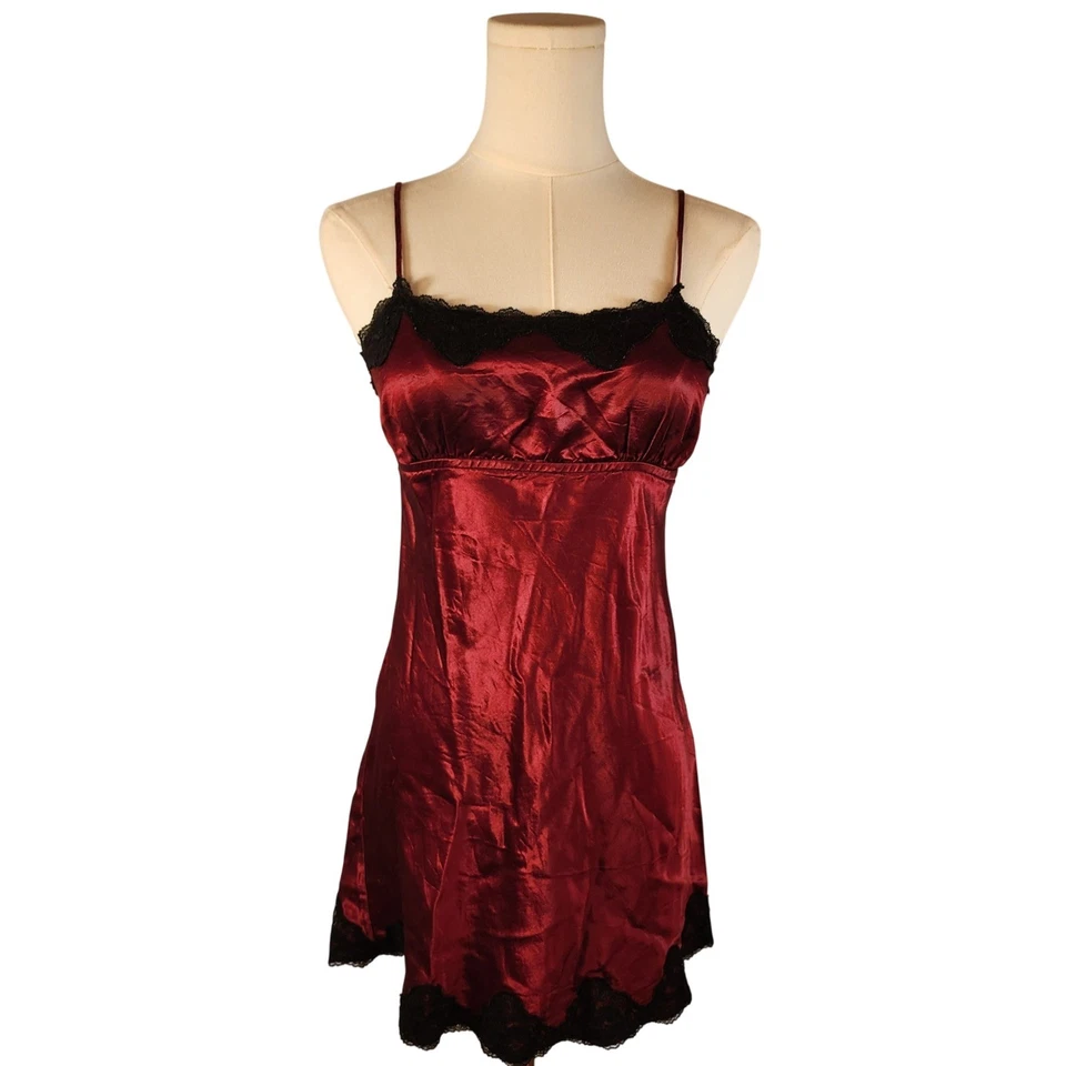Burgundy Satin Lace Trim Cami Slip Mini Dress Lingerie babygirl milkmaid Y2K Red - Image 1 of 4