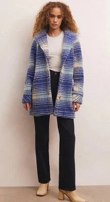 Z Supply Hastings Sherpa Plaid Coat Size L Blue White Striped Buttons Winter - Image 1 of 4