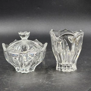 Gorham Crystal Lotus Pattern Creamer & Sugar Bowl with Lid Vtg Glass Set Germany - Picture 1 of 17