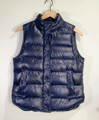 J. Crew Women’s S Alhambra Shiny Navy Blue Puffer Down Vest Full Zip Snap - image 1 of 4