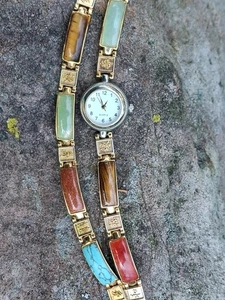 Vtg Multi Stone Inlay Panel Watch (works) Bracelet Set Chinese Symbol Good Luck  - Picture 1 of 24
