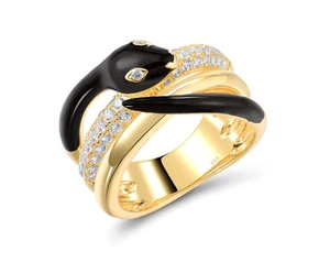 Snake 925 Ring Sterling Silver Gilt Created Zircon Black Enamel Wild Animal - Picture 1 of 7