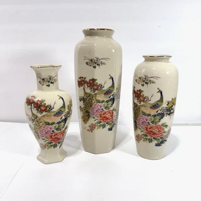Juego de 3 jarrones vintage de porcelana de pavo real estilo japonés flores de vidrio craquelado Foto 1 de 4