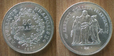 法国 50 法郎 1977 年银 Hercule Frs Frc Frcs 法郎 免运费 全球 — 第 1/3 张图片
