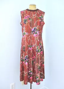 Vtg 60s 70s Brown Pink Abstract Floral Stripe Drop Waist Gatsby Dress L/XL - Picture 1 of 6