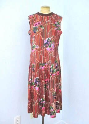 Vtg 60s 70s Brown Pink Abstract Floral Stripe Drop Waist Gatsby Dress L/XL - Image 1 of 4