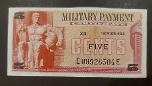 RARE FIVE CENTS MILITARY PAYMENT CERTIFICATE SERIES 692-CRISP UNCIRCULATED-24 - Picture 1 of 5
