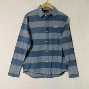 The Hundreds Denim Button Shirt M/L Blue Gray Stripe Long Sleeve Embroidered - Picture 1 of 8