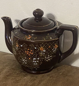 Vintage Teapot Acme Redware Hand Painted Art Tea Pot pottery flowers serve ware - Picture 1 of 12