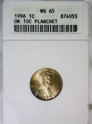1996 ERROR ANACS MS65 Off Metal Lincoln Cent on DIME Wrong PLANCHET GEM BU Coin - Image 1 of 4